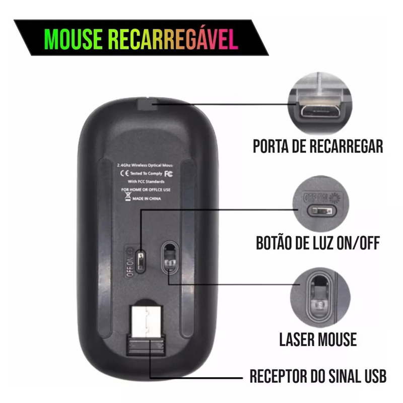 Mouse sem Fio Bluetooth Recarregável LED Kapbom