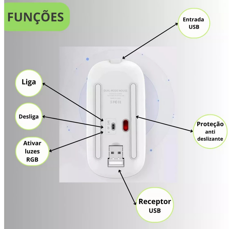 Mouse sem Fio Bluetooth Recarregável LED Kapbom